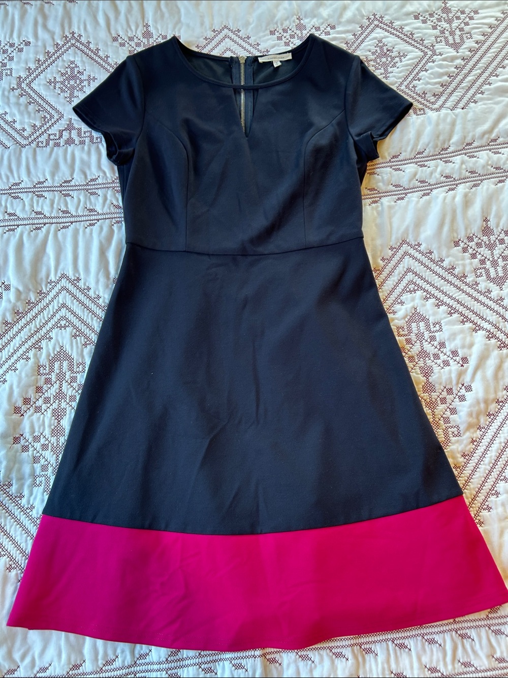 41 Hawthorn Dark Navy Blue & Pink A-Line Capped Short Sleeve Dress